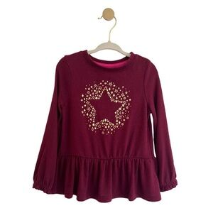 ⚡️4/$20⚡️Cat & Jack Kids Burgundy Peplum Long Sleeve Gold Star Top | Girls 2T